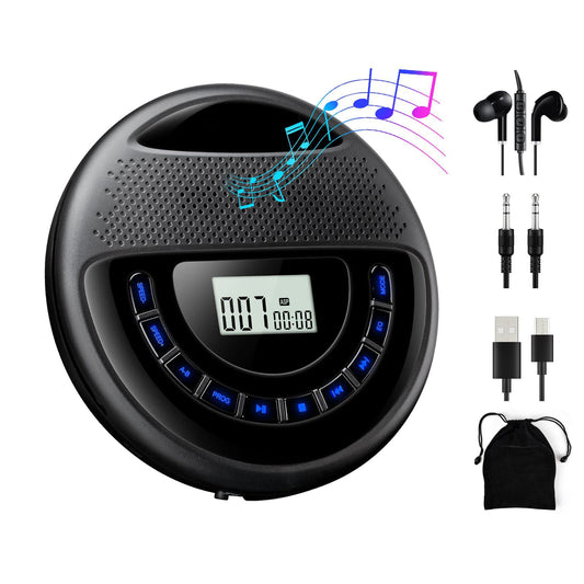 Gueray portable CD player with speaker Discman with integrated 1400mAh lithium battery supports TF card play with headphones and 3.5 to 3.5mm AUX cable for kids to listen to audiobooks and music.