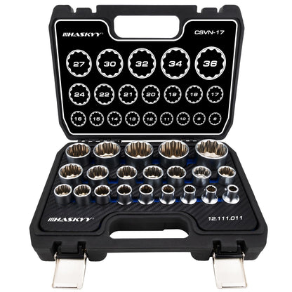 HASKYY Socket Set Multi-tooth XZN 8-36mm Socket Wrench Nut Box Set 6 and 12 Point 1/2" Inch Torx Sockets System 21-piece External Multi-tooth Screwdriver Set