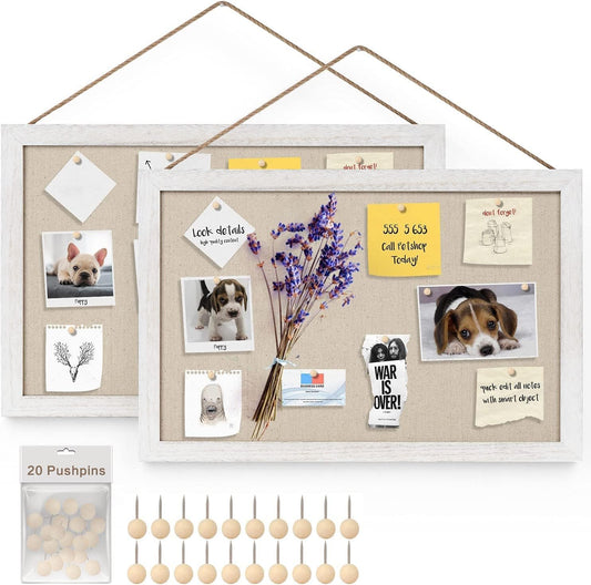 Emfogoo pinboard with linen, cork pinboard 30x40CM, pinboard with wooden frame for kitchen office school home children's room wall decoration hanging, cork board with 20 push pins, 2 pieces (vintage white)