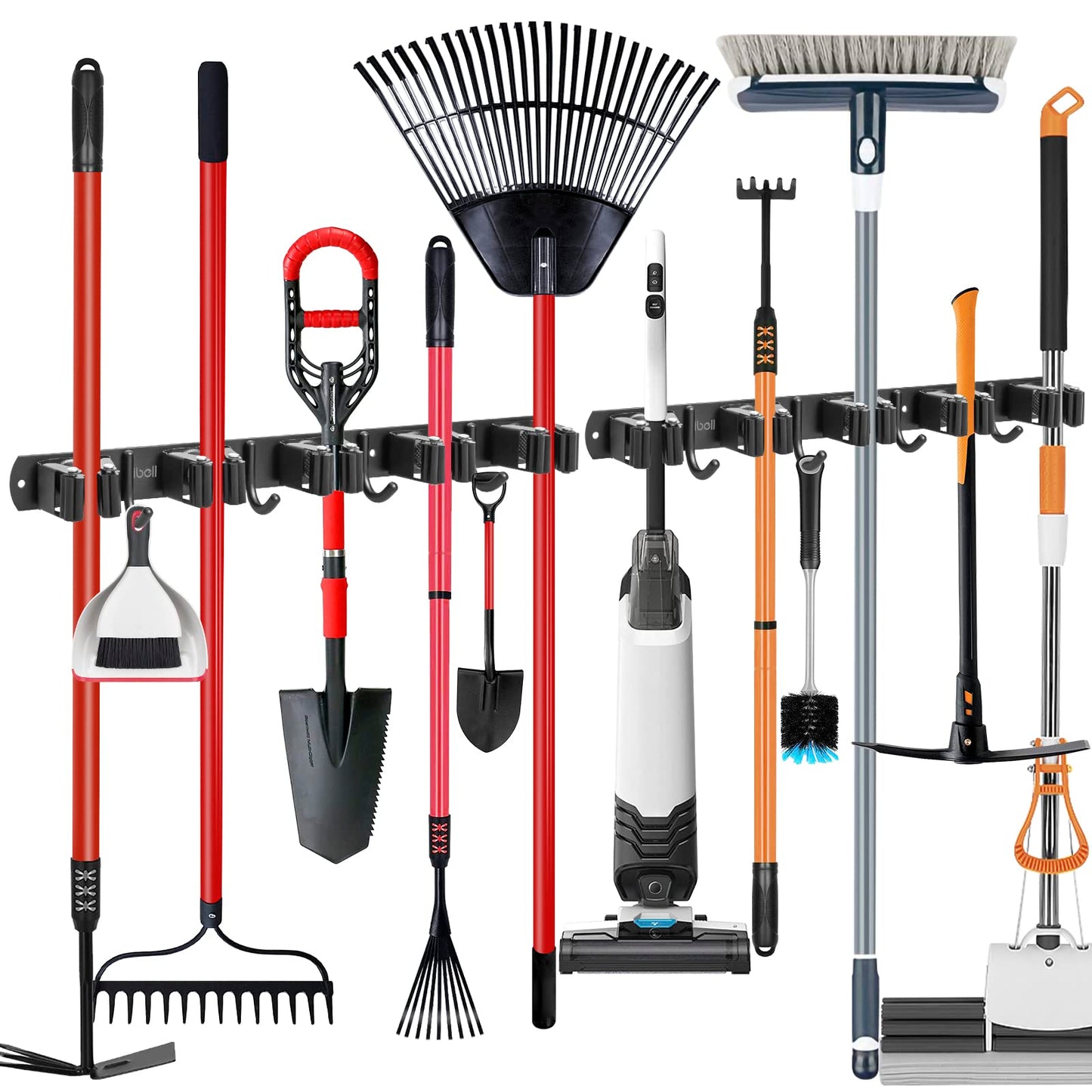 2 pieces of broom holder wall, ibell tool holder stainless steel with 10 slots and 8 hooks, mop holder wall mount garden tool holder wall hook self-adhesive tool holder for bathroom garden garage.