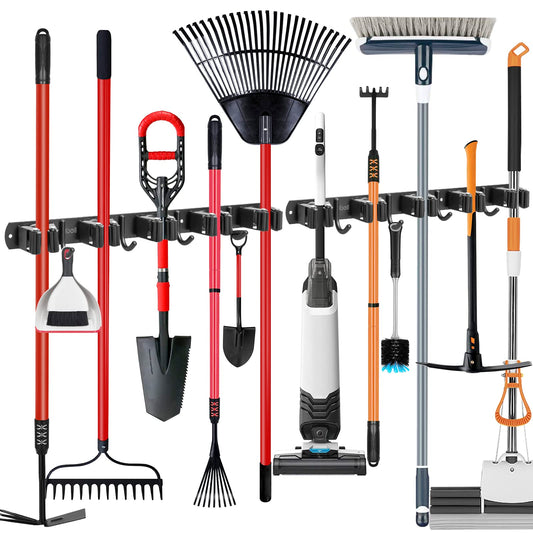 2 pieces of broom holder wall, ibell tool holder stainless steel with 10 slots and 8 hooks, mop holder wall mount garden tool holder wall hook self-adhesive tool holder for bathroom garden garage.
