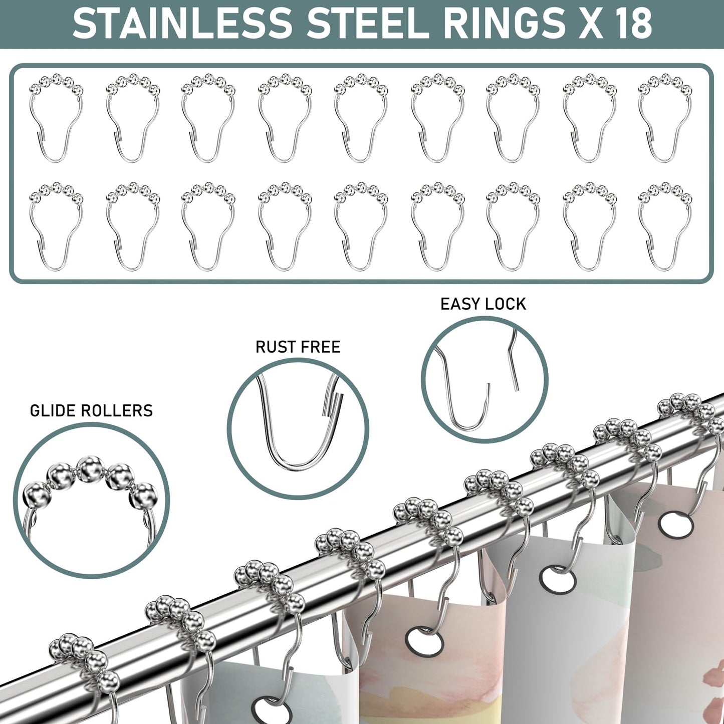 L-shaped adjustable shower curtain rod, 90-120 × 90-120 cm, with 18 stainless steel rings, SUS 304 stainless steel corner shower rod, drill installation, suitable for bathroom & bathtub.