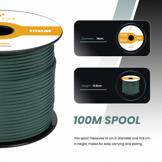 Abma Cord Paracord 4mm 100m cord Type III Paracord 550 rope 7 core for outdoor, camping, survival, crafting, bracelet - Max. 250kg - Dark green.