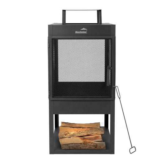 MaxxGarden Helios garden fireplace - patio fireplace - outdoor fire pit - with spark protection for relaxation - with steel grid - firewood storage space in the bottom compartment - Ø45x100 cm - black