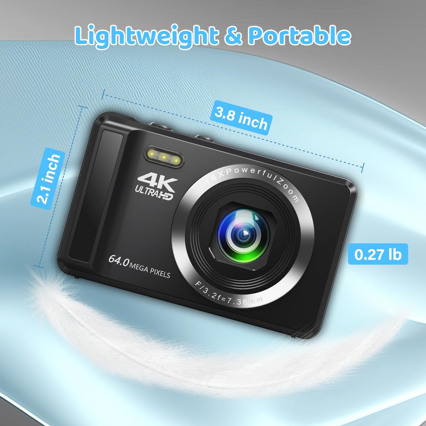 4K 64MP digital camera with 32GB memory card, autofocus compact camera with 16x digital zoom, rechargeable 2 1200mAh batteries, 2.4-inch mini kids camera for beginners.