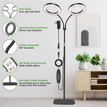 Niello Grow Lamp with Stand, 2-Head LED Plant Light for indoor Plants, Full Spectrum Growth Lamp, Auto on/off 3/9/12H Timer, 10 dimmable Levels, Adjustable Height for tall Plants.
