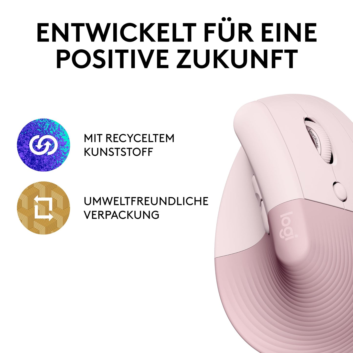 Logitech Lift Vertical Ergonomic Mouse, Wireless, Bluetooth or Logi Bolt USB receiver, Quiet clicks, 4 buttons, Compatible with Windows/macOS/iPadOS, Laptop, PC - Pink