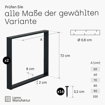 LAMO manufacturing table legs for desk dining table, Simple Massive, square profile 80x20 mm, table frame 80x72 cm (WxH), black, 2 pieces, LTS-01-C-FF-9005
