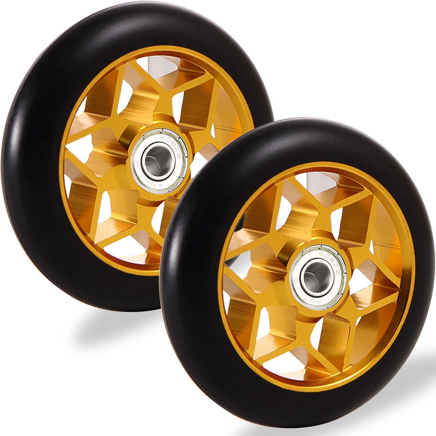 Stunt scooter wheels 110mm, stunt scooter tires 110mm, 110mm scooter wheels gold, stunt scooter wheels gold, 2 pieces freestyle scooter replacement wheels 110mm for chilli Cox Fuzion freestyle.