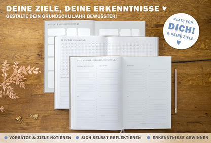One of the good teacher planners 2025-2026, A4 elementary school planner, 1 double page per week, hardcover school planner for the 25/26 school year, gray beige with flowers, FSC paper.