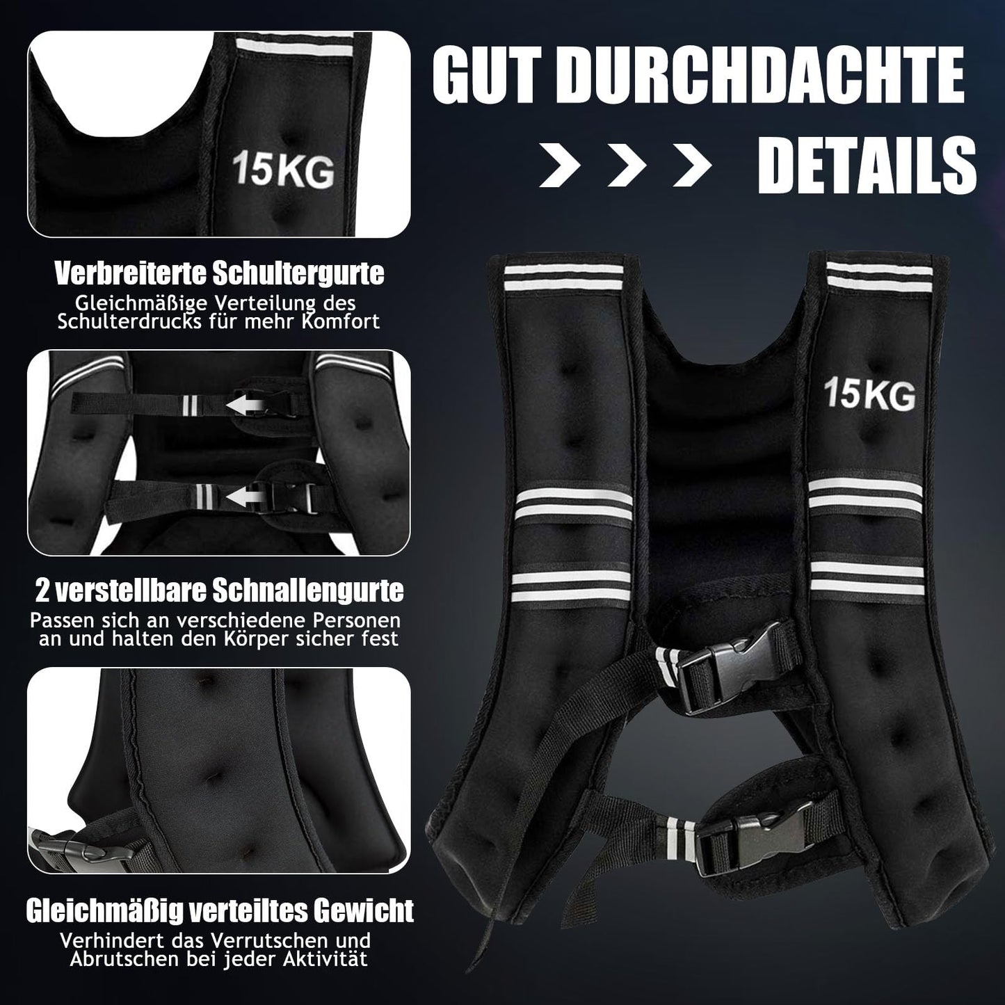 GYMAX 15kg Weighted Vest Training Fitness Vest with Reflective Stripes Weight Vest Running Vest for Weight Training Strength Training Muscle Building Black