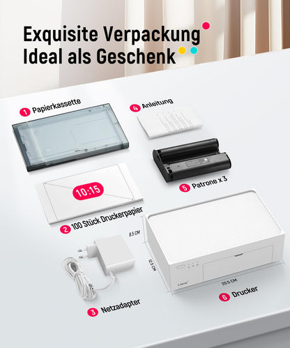 Compact photo printer for smartphone (4x6 inches) + set with 2 packs (20+80 sheets) of photo paper/cartridges, WiFi mobile photo printer for iPhone/Android/PC, 300DPI color sublimation instant photo printer, portable printer.