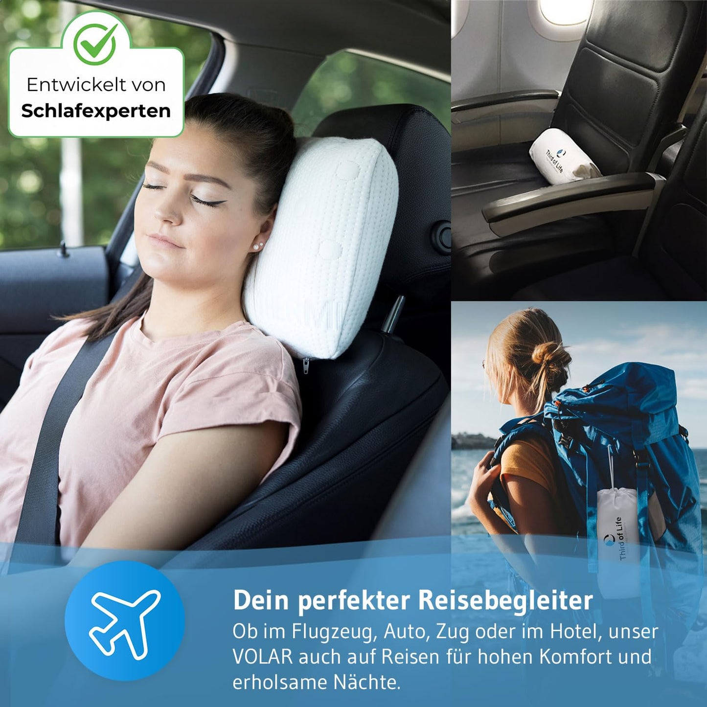 Travel pillow VOLAR | Orthopedic neck pillow with memory foam | Compact headrest for car, airplane, train, hotel & camping | Thermoregulating cover | Pillow for outdoor & travel 40x25x10 cm