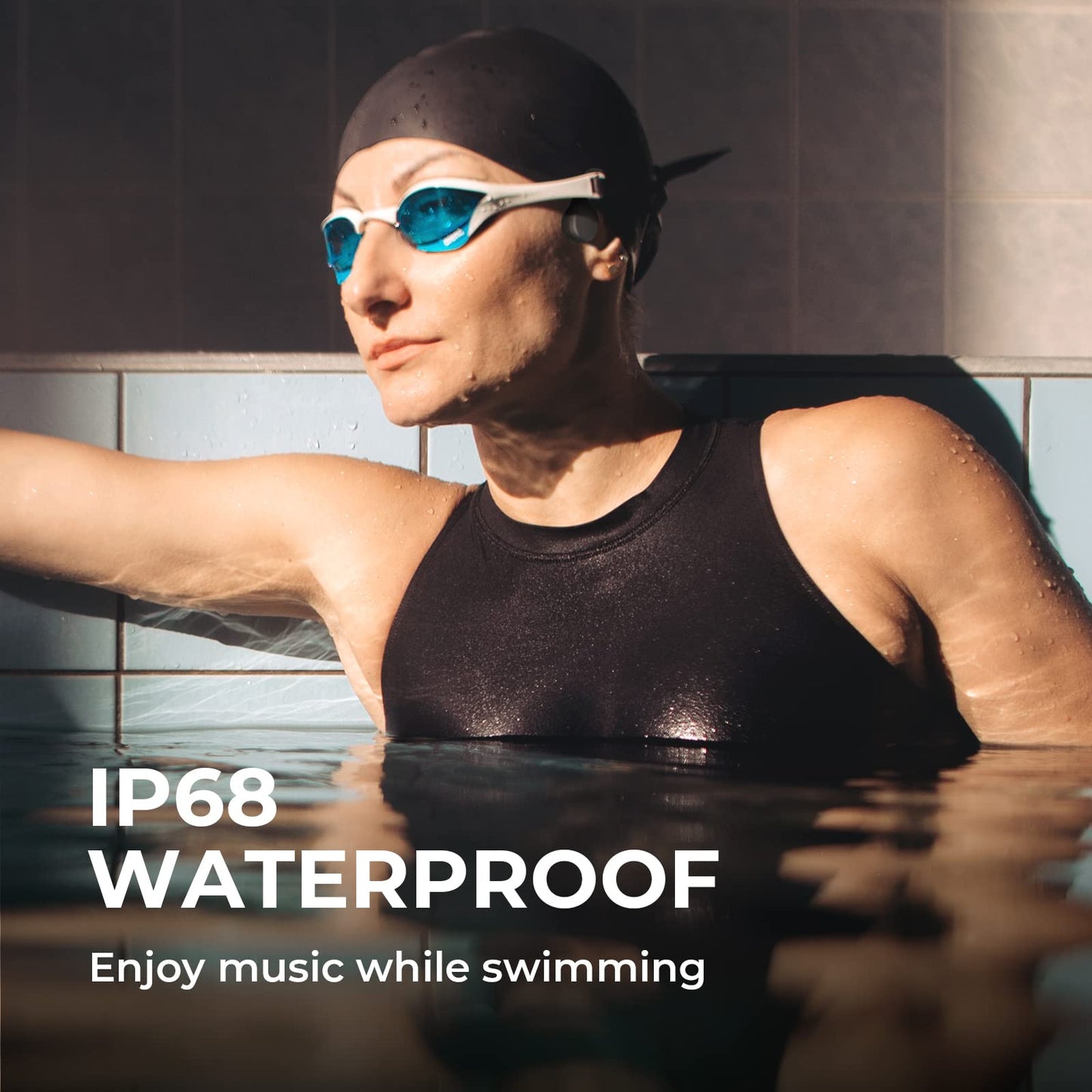 The TELNP waterproof swimming bone conduction headphones are designed with Bluetooth 5.3 technology. These IPX8 underwater headphones come with 32G of MP3 storage for a seamless swimming experience.