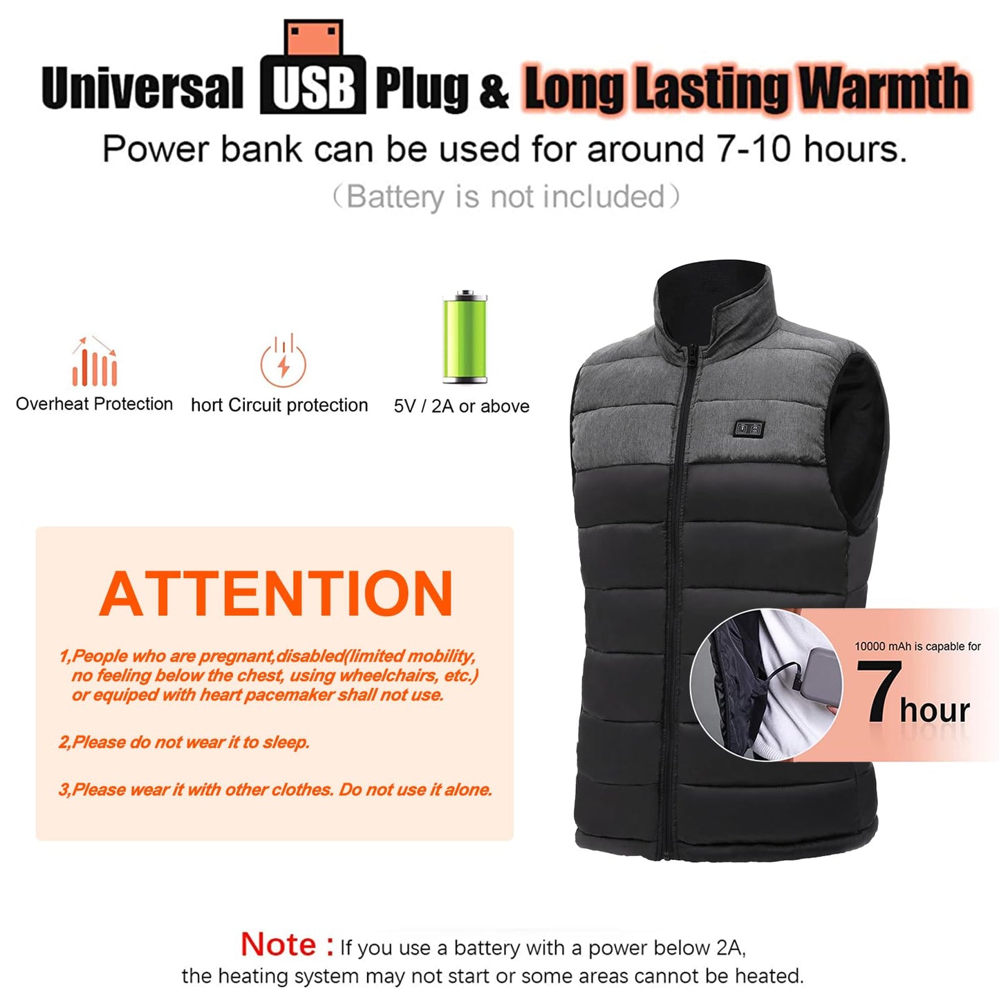 Heated Vest Women/Men, Lightweight Outdoor Heated Vest, Temperature Control Two Heating Zones Heated Jacket Heating Jacket with Heated Collar (Battery Not Included/Output 5V/2A or higher)