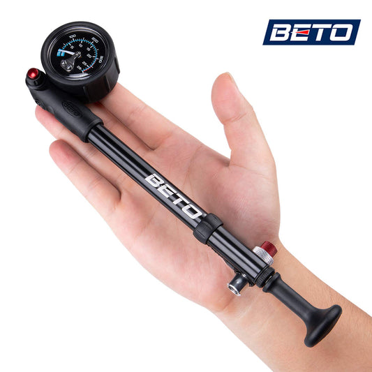 Beto high-pressure shock pump - (400 PSI max) MTB bike shock pump for front and rear suspension with no-loss Schrader valve.