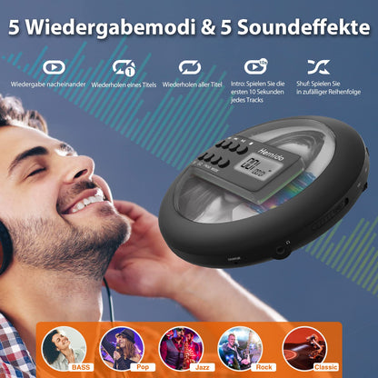 Hernido Portable CD Player for Car, compact CD player with FM transmitter, USB rechargeable Discman with headphones, shockproof/resume playback Walkman CD player