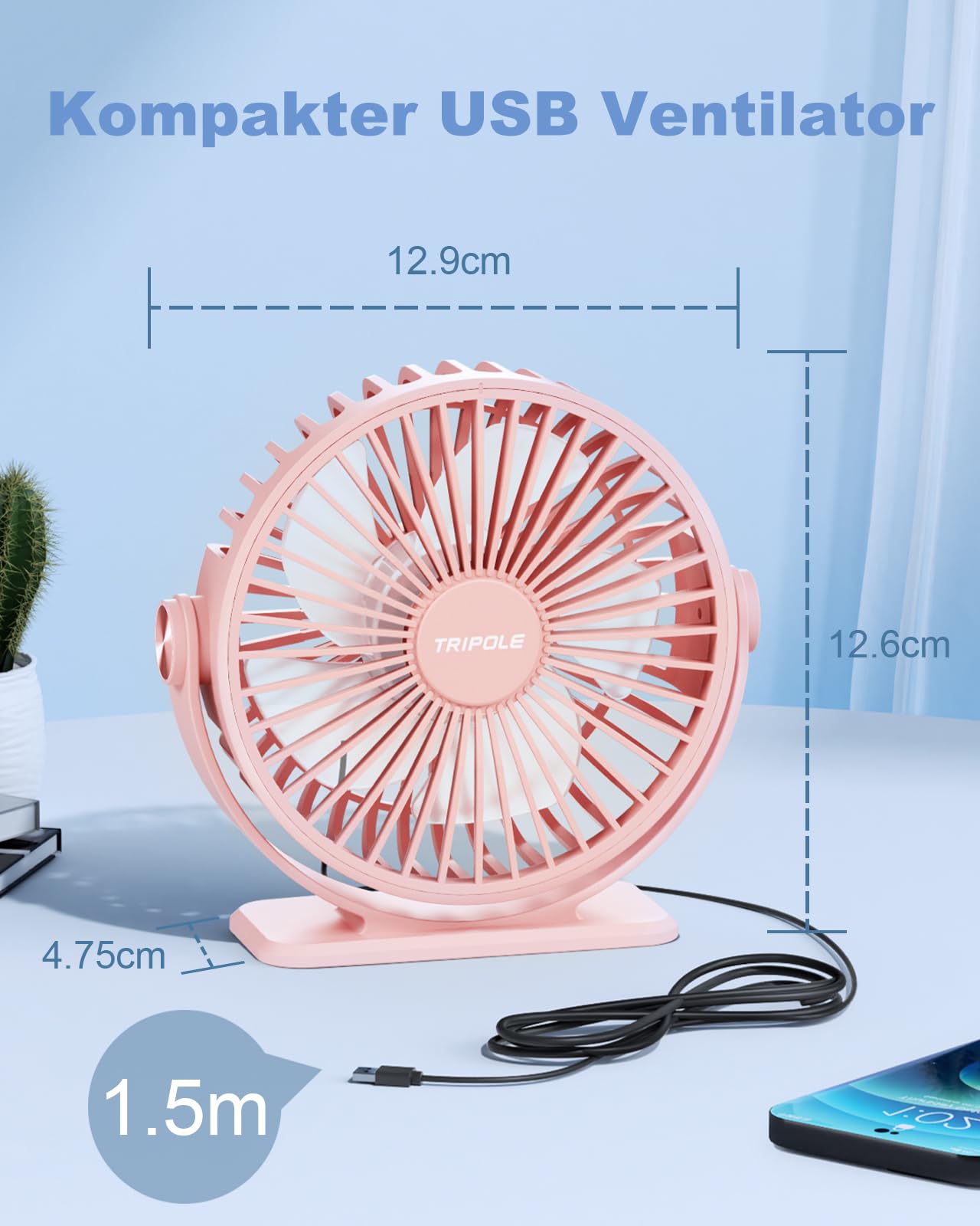 TriPole Fan: Quiet, 3-speed mini fan. Powerful portable USB desk fan with 360° rotation. Small electric fan for office, bedroom, and travel. Pink color.
