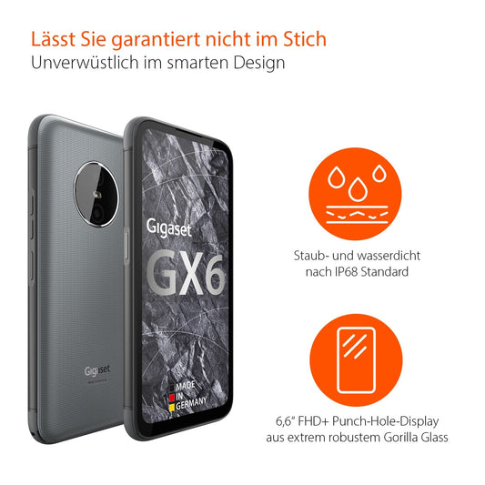 Gigaset GX6 - Outdoor 5G Smartphone - Military standard - dust & waterproof IP68 - 6.6" FHD+ display with Gorilla Glass - 128GB+6GB RAM - 50MP camera - Fast charging, Made in Germany, Titanium Grey