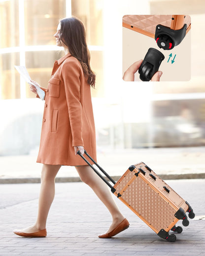 SONGMICS Cosmetic Bag Trolley, Makeup Case with 2 Drawers, Large Hairdresser Case, Makeup Case, 34 x 24 x 56 cm, 360° Rotating Wheels, Travel, Hairdressers, Gift Idea, Champagne Gold JHZ008A01