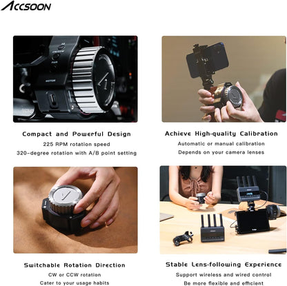 Accsoon F-C01 Wireless Follow Focus System with FHSS Technology, A/B Stops, 350ft/100m Range, Snap-on Gear Belt for DSLRs and Mirrorless Cameras, Compatible.