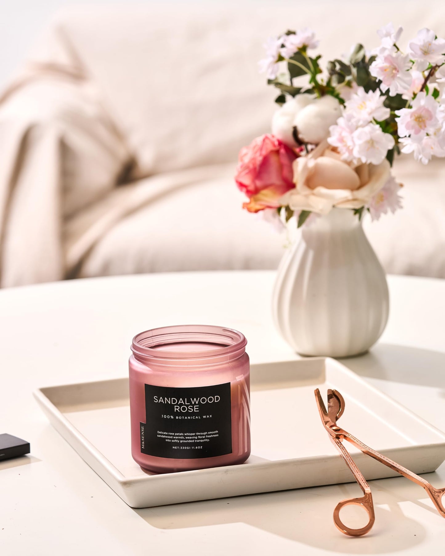 M&SENSE Sandalwood Rose scented candle (330g, 70h) - 2-wick Intense wood scent - Natural soy wax candle - Long-lasting for home - Gift for men & women.