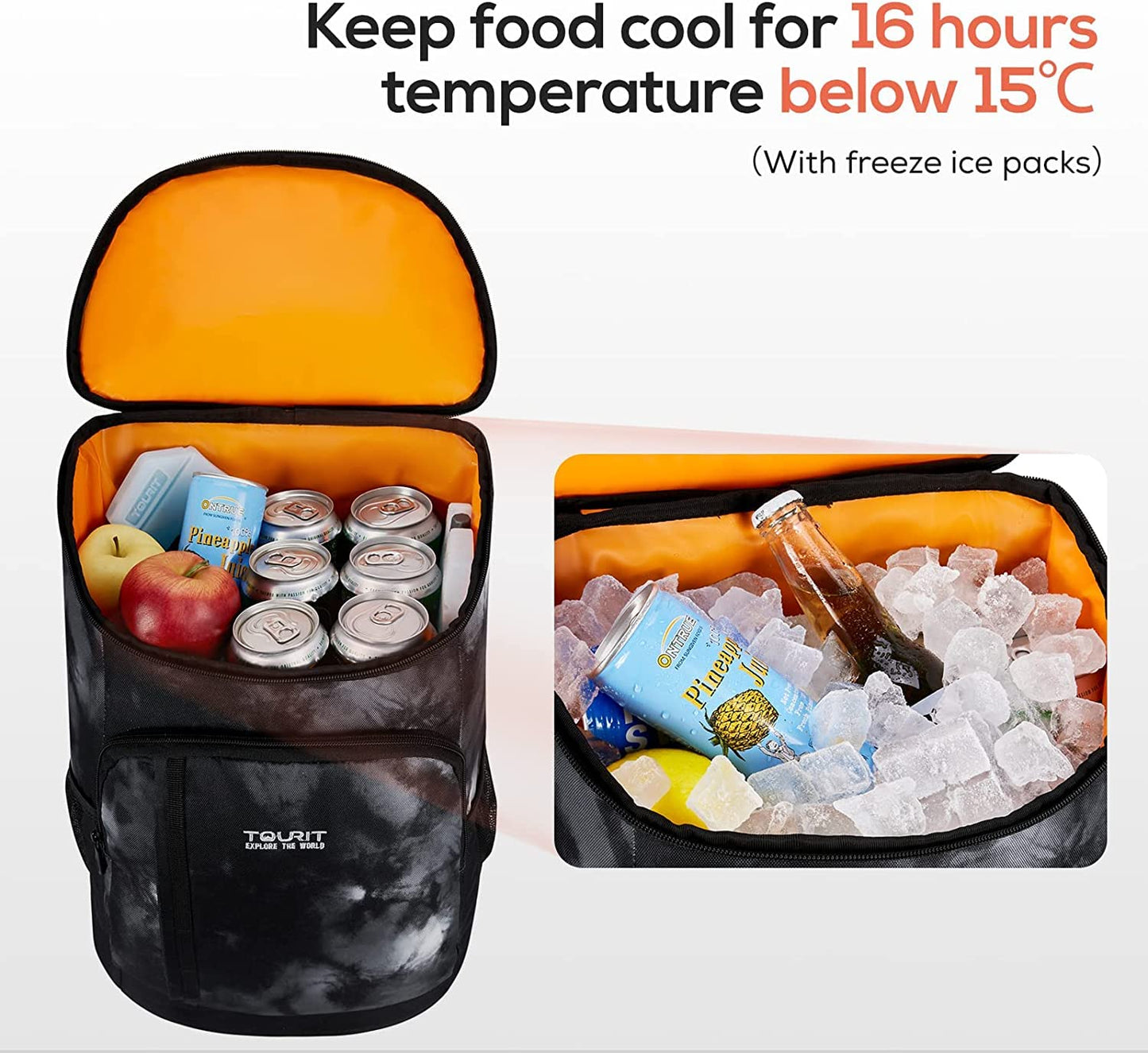 TOURIT Cooler Backpack Lightweight Backpack 28L with Bottle Opener Holds 30 Cans Tie Dye Black