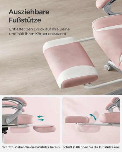 SONGMICS Office Chair with Adjustable Footrest, Headrest, Lumbar Pillow, Height Adjustment, Ergonomic Design, Reclining Backrest, Supports up to 150 kg, Pastel Pink and Cream White OBG073P01