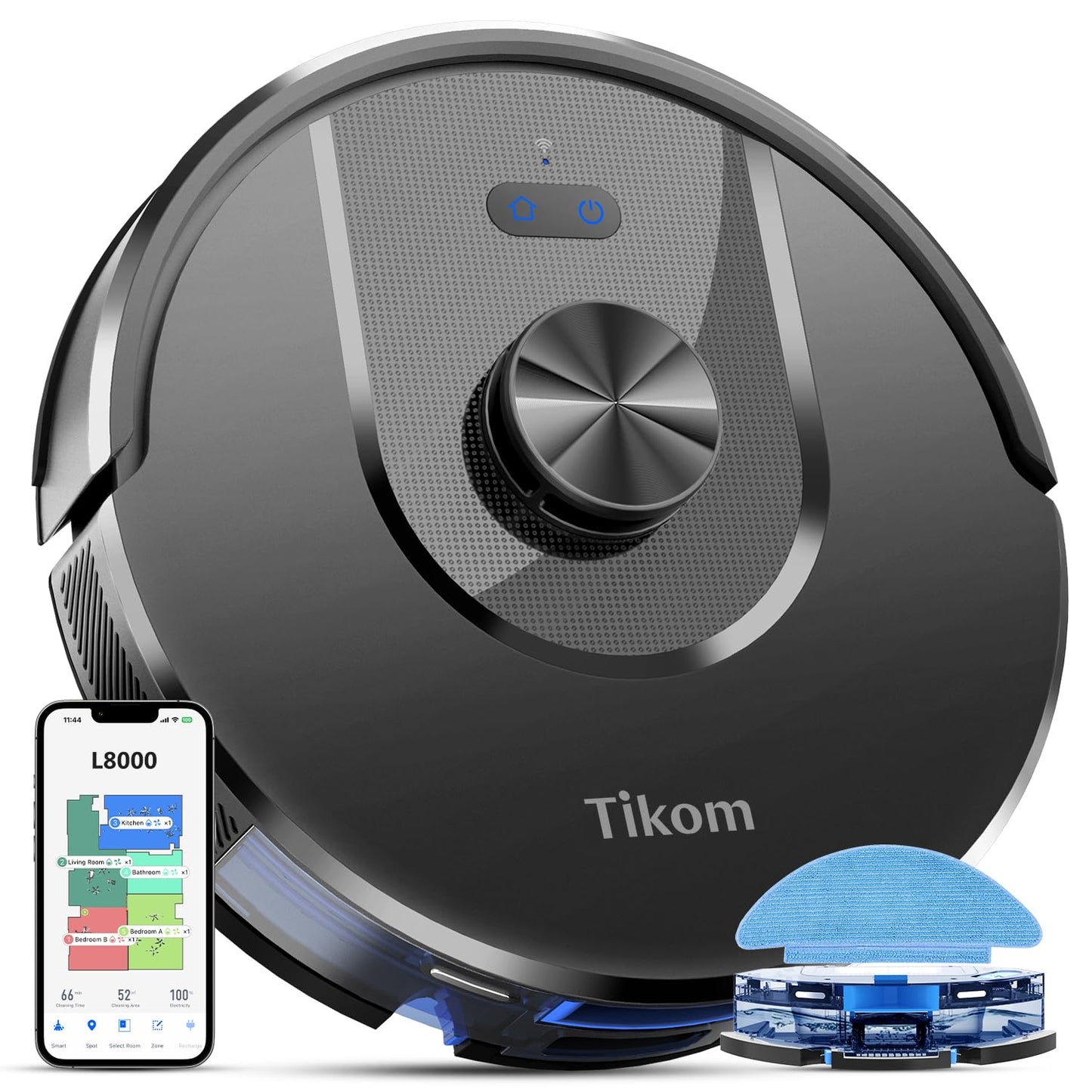 Tikom robot vacuum with mopping function, L8000 vacuum robot with LiDAR navigation, 45dB robot vacuum cleaner, 150 mins max, 14 no-go zones, 20 virtual walls, good for pet hair, carpet, hard floors.