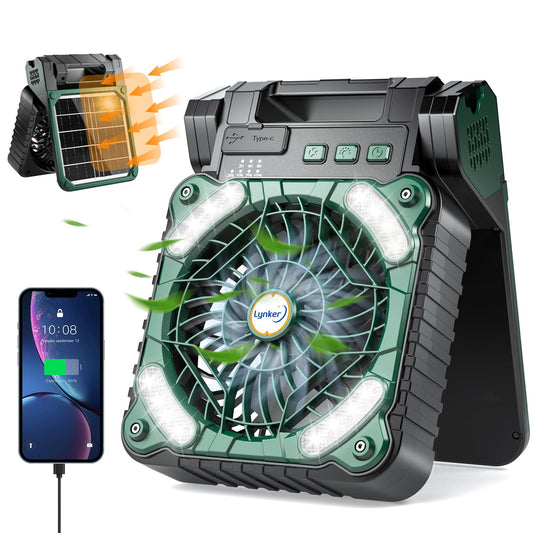 lynker Portable Camping Fan, solar powered fan, 12800mAh battery operated fan with LED lantern, 4 speeds & 3 timers, outdoor tent fan for camping (green)