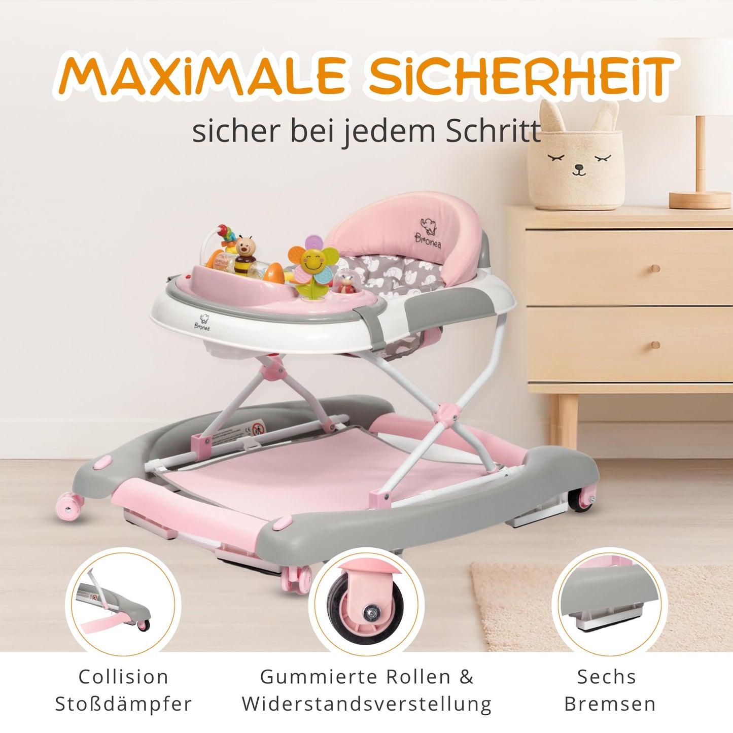 BRONEA® 4-in-1 Baby Walker for ages 6 months and up | Walker with rocking function and musical play panel | Adjustable height, foldable design | Features quiet wheels and brakes for safety