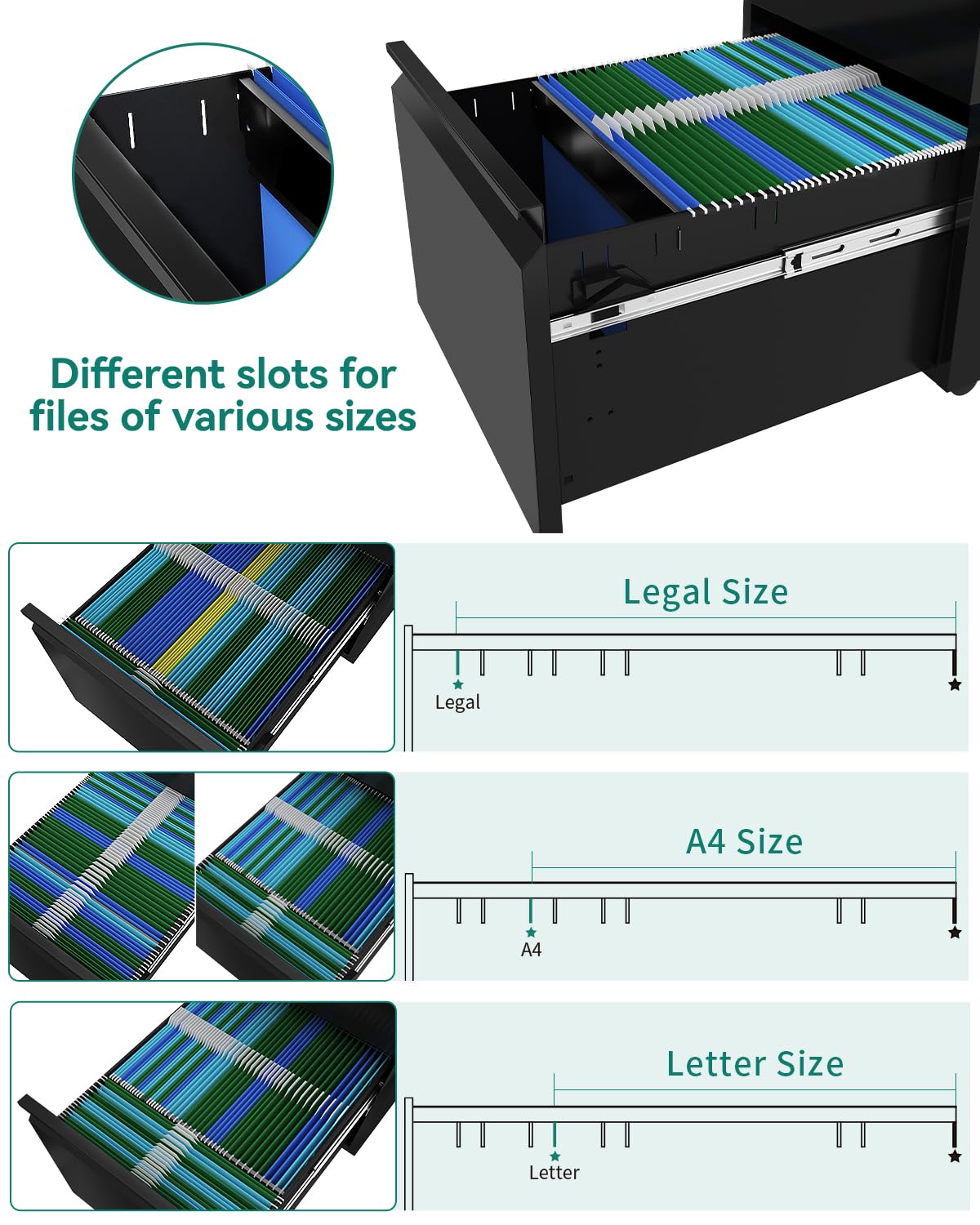 YITAHOME Lockable 2-Drawer Rolling File Cabinet for A4, Legal, Letter, Metal Filing Cabinet for Home Office, Hanging File Organizer, Black, 51 x 39 x 71cm
