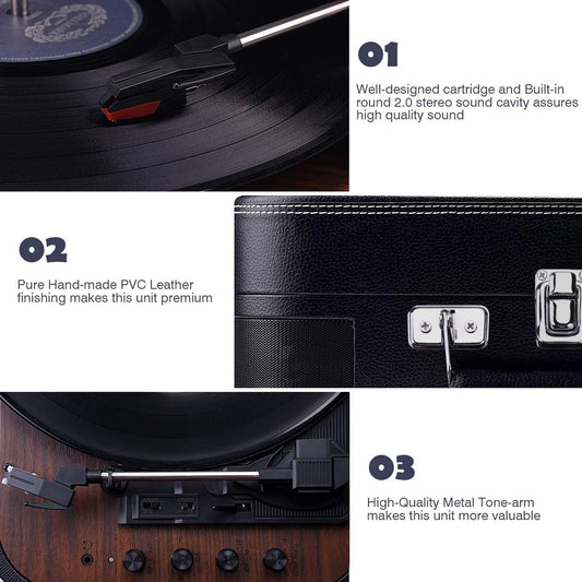 VOKSUN Turntable, portable Bluetooth vinyl record player with integrated stereo speakers, supports vinyl to MP3 recordings (UK, will need a plug adapter from UK to EU)