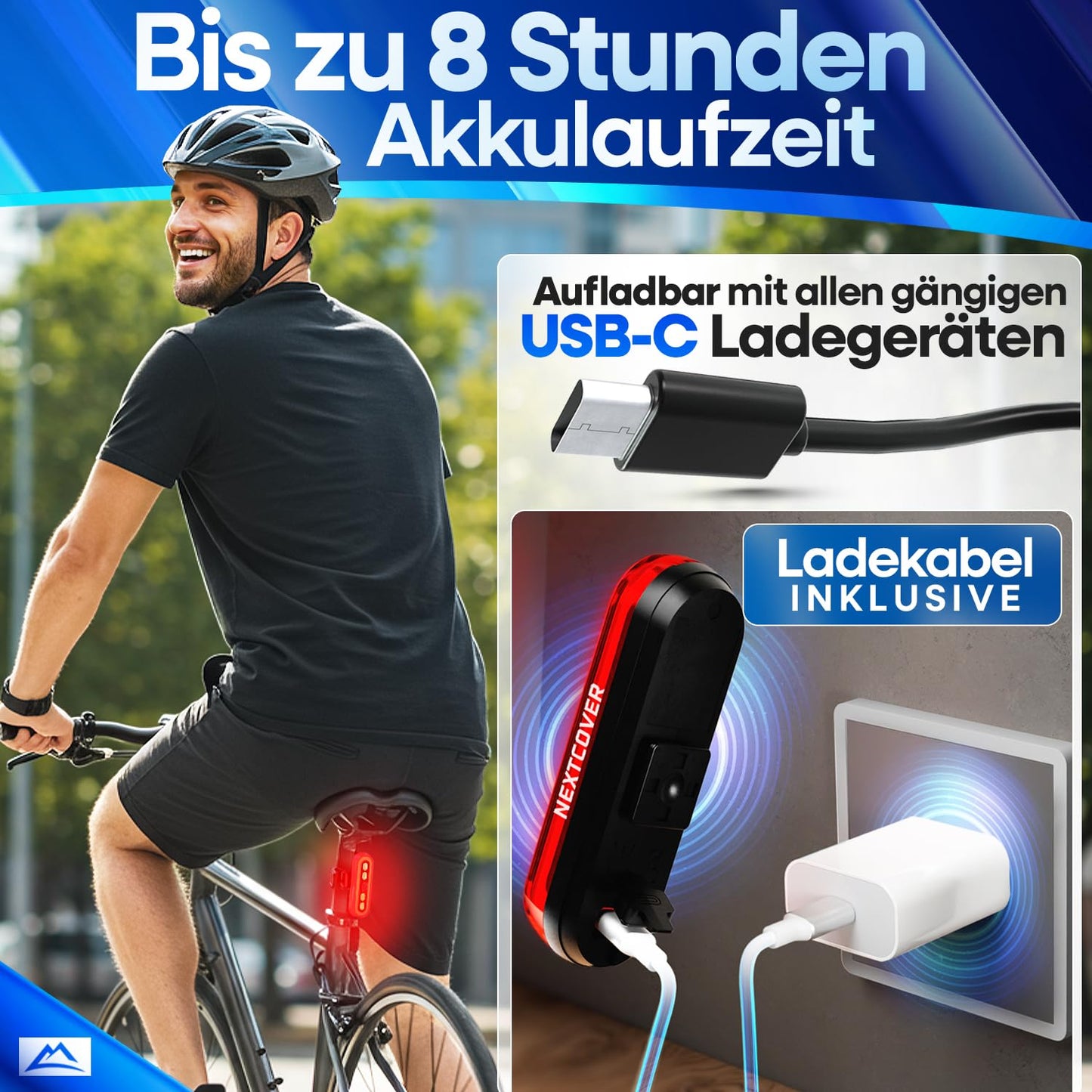 NEXTCOVER® bicycle taillight with [VisionLux] LEDs and brake light I StVZO approved I LED bike rear light with 8 hours battery life I Rear bike light for racing bike, e-bike, flashing bike taillight