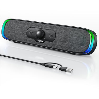 SOULION R200 PC Speakers USB C Bluetooth RGB Soundbar with 3 LED light effects, Compact Computer Bar Speakers for PC, Monitor, Laptop