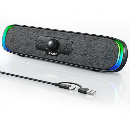 SOULION R200 PC Speakers USB C Bluetooth RGB Soundbar with 3 LED light effects, Compact Computer Bar Speakers for PC, Monitor, Laptop