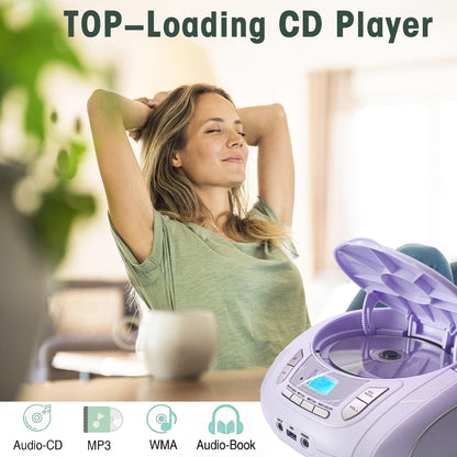 Portable CD Player for Kids - Radio CD Boombox with Bluetooth, FM Radio, USB Input & AUX Connection & Headphone Jack, CD Player for home or on the go (Light Purple)