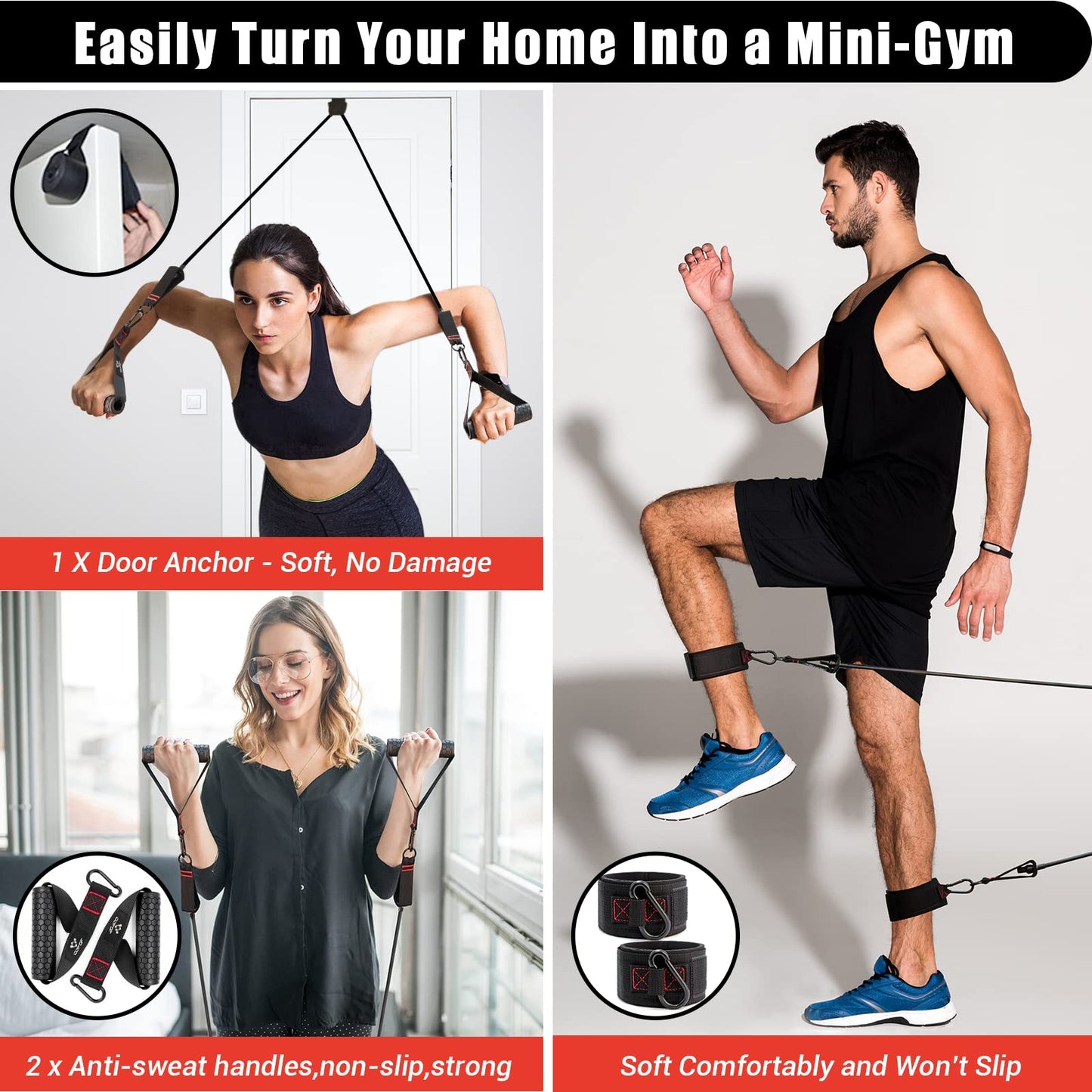 Resistance Bands Set, 5 fitness bands expander tube bands with large handle ankle strap door anchor attachment carrying bag, ideal for Pilates strength training.