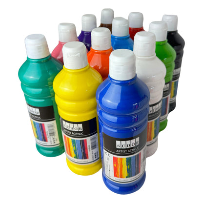 24 color set of acrylic paints, each 500 ml. Highly pigmented and opaque painting colors for canvas, pouring, wood, stone, paper, fabric, metal, etc. All-purpose colors. 24 x 500ml.