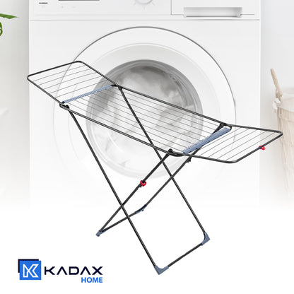 KADAX clothes dryer with 18m drying area in anthracite color, with wheels & sock hanger. Ideal for apartment balcony & garden, foldable wing dryer with non-slip feet, space-saving, Made in EU.