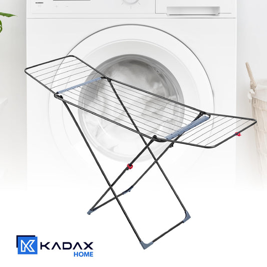 KADAX clothes dryer with 18m drying area in anthracite color, with wheels & sock hanger. Ideal for apartment balcony & garden, foldable wing dryer with non-slip feet, space-saving, Made in EU.