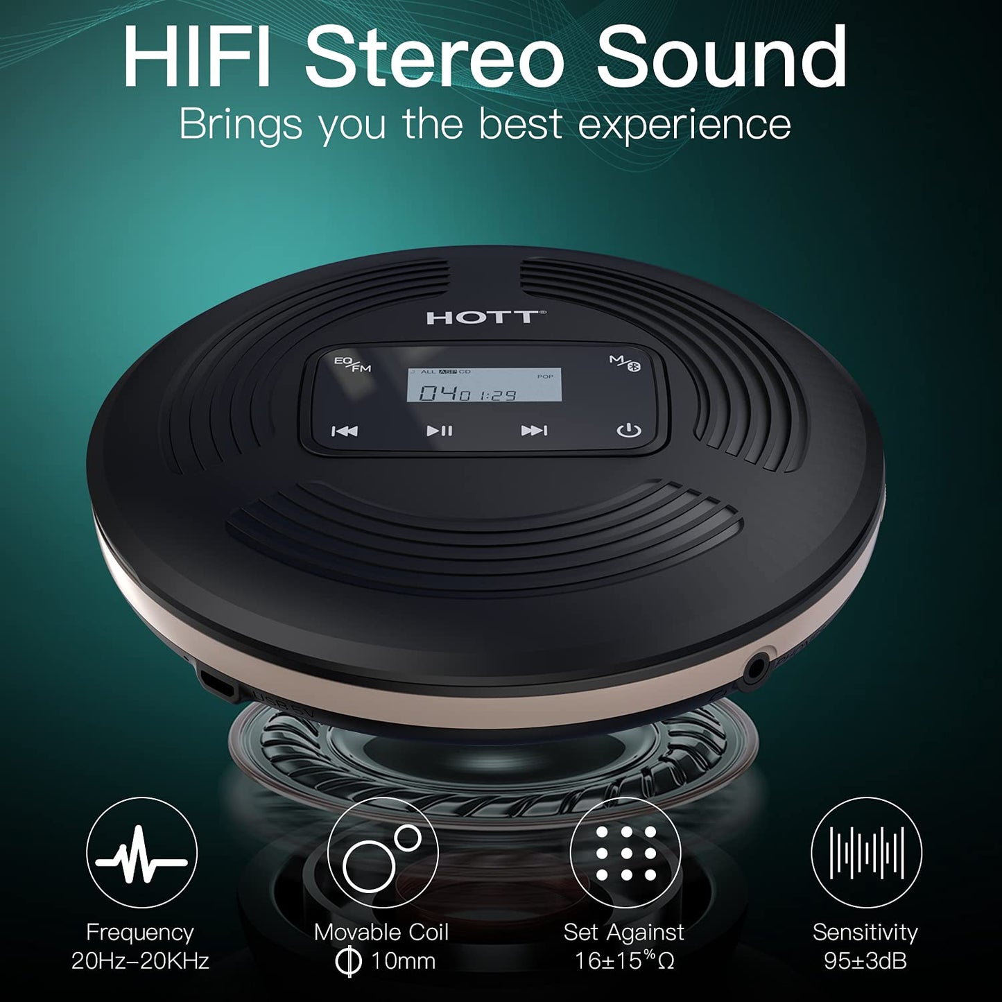 HOTT CD903TF portable rechargeable CD Player with Bluetooth and FM transmitter, suitable for travel, home, and car use. Includes stereo headset and anti-shock function. (black)