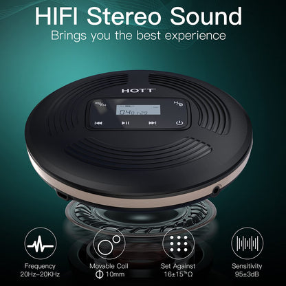 HOTT CD903TF portable rechargeable CD Player with Bluetooth and FM transmitter, suitable for travel, home, and car use. Includes stereo headset and anti-shock function. (black)
