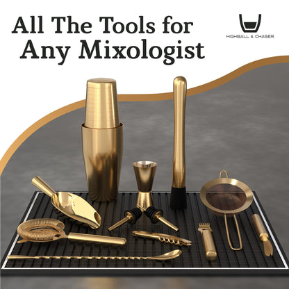 Highball & Chaser bartender set with black bamboo stand, elegant cocktail shaker set and bar tools, stainless steel, Boston shaker, bartender kit with stand (antique gold)