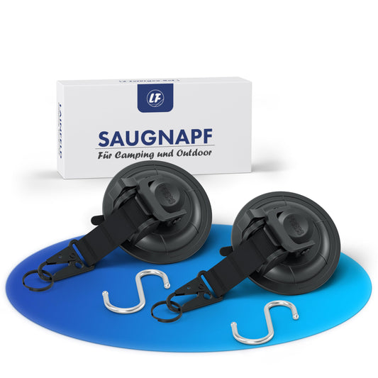 LAINFELD Suction Cup Hooks | 2 pack with carabiner closure and large hooks | Extra strong | for camping, car, balcony | Suction hooks