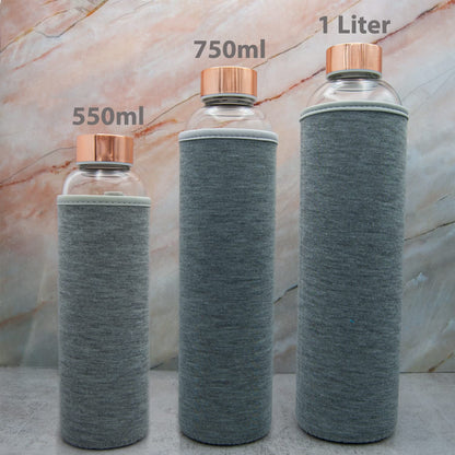 T&N glass bottle 1 liter / 750ml / 500ml - Glass drinking bottle 1l with neoprene sleeve - Leak-proof glass water bottle - Thicker borosilicate glass suitable for carbonation.