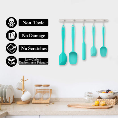 HOTEC 315°C heat-resistant BPA-free silicone rubber spatula set, kitchen spatula, baking, mixing for non-stick cookware, dishwasher safe, 5-piece set, Aqua Sky