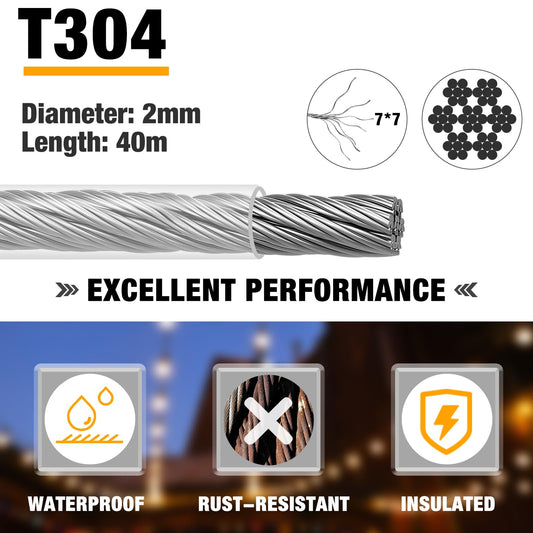 40m 2mm wire rope, CGBOOM 304 stainless steel wire rope tensioner, steel wire coated, with eyelets cable tensioning set, for climbing plants trellis, clothesline, curtain wire, lights, deck cable railing