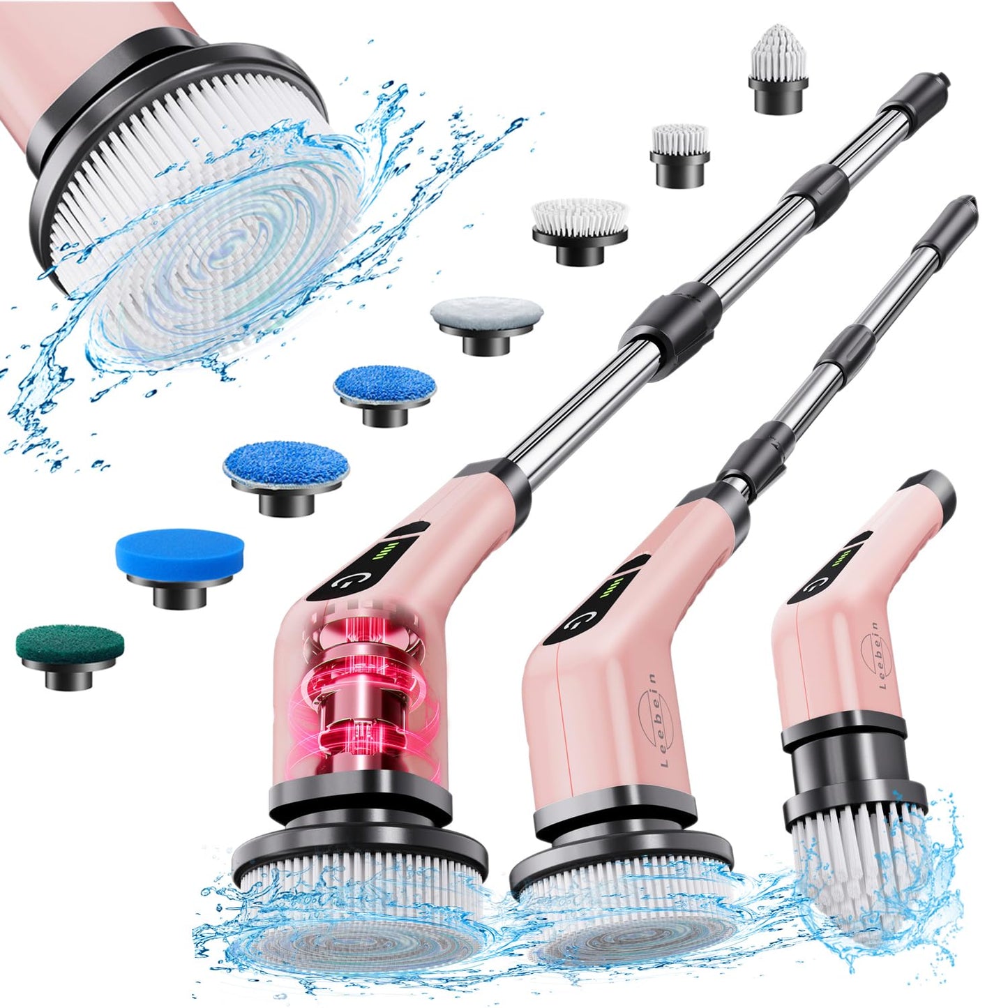 Electric cleaning brush, Electric Spin Scrubber cordless with 8 interchangeable drilling brush heads, tub and floor tile mop set with 137cm adjustable handle for bathroom kitchen car floor (White)
