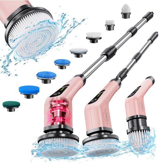 Electric cleaning brush, Electric Spin Scrubber cordless with 8 interchangeable drilling brush heads, tub and floor tile mop set with 137cm adjustable handle for bathroom kitchen car floor (White)